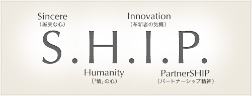 S.H.I.P.　Sincere（誠実な心）　Humanity（「情」の心）　Innovation（革新者の気概）　PartnerSHIP（パートナーシップ精神）